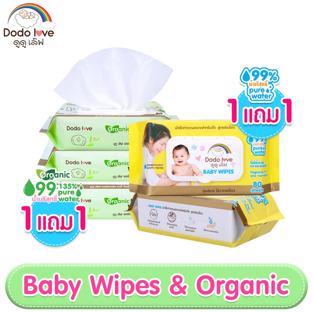 [1แถม1] DODOLOVE Baby Wipes ผ้าเช็ดทำความสะอาดสำหรับเด็ก ออร์แกนิค ห่อใหญ่ 80 แผ่น ทิชชู่เปียก