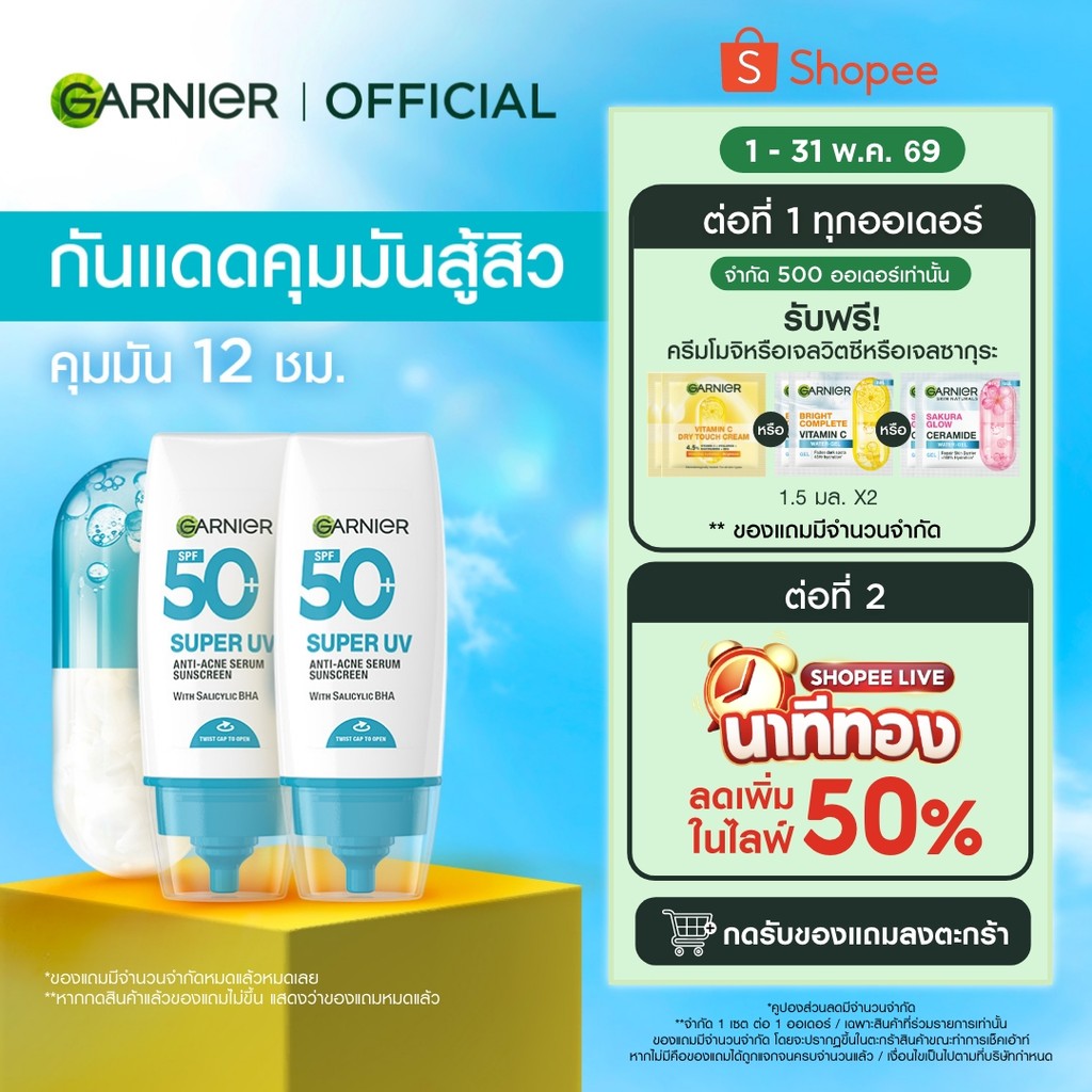 ใหม่! การ์นิเย่ ซูเปอร์ ยูวี แอนตี้-แอคเน่ เซรั่ม ซันสกรีน 30มล.x2 GARNIER SUPER UV ANTI-ACNE SERUM SUNSCREEN 30mlx2