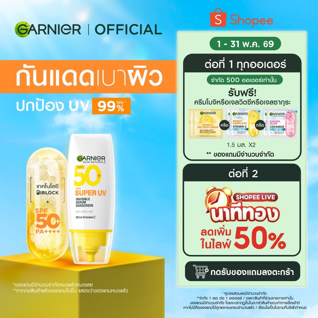 การ์นิเย่ สกิน แนทเชอรัลส์ ซูเปอร์ ยูวี-อินวิซิเบิ้ล เซรั่ม ซันสกรีน Garnier Super UV Serum Sunscreen กันแดดเบาผิว ครีมก